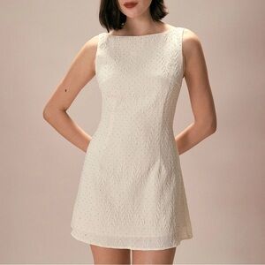 Rihoas Beige Boat Neck Textured Mini Dress